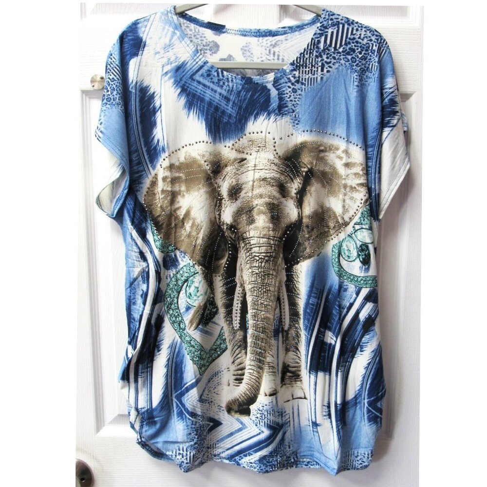 Women's Blue Elephant Print Short Sleeve Stretchy Graphic Shirt Sparkle Top